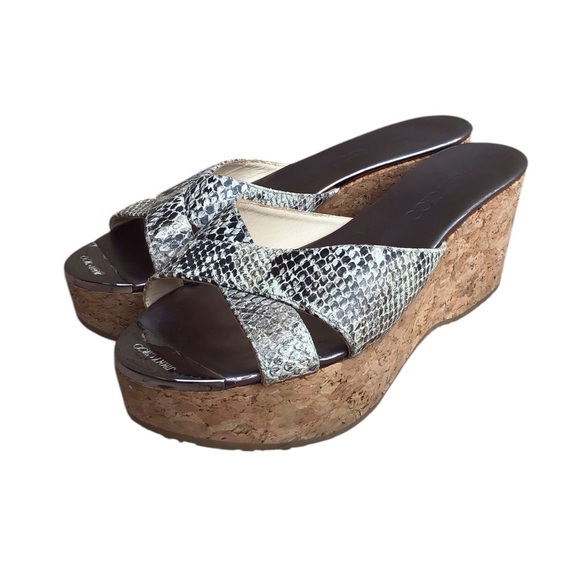 Jimmy Choo Snakeskin- Embossed Leather Cork Wedge Sandals - Picture 11 of 11